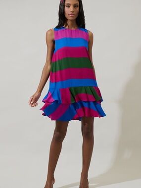Sugarlips Striped Ruffle-Hem Mini Dress in Fuchsia, Royal Blue & Forest Green